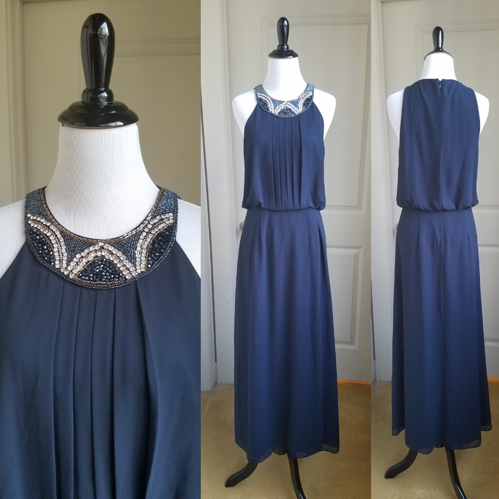 Vince Camuto Navy Beaded Neck Maxi Dress